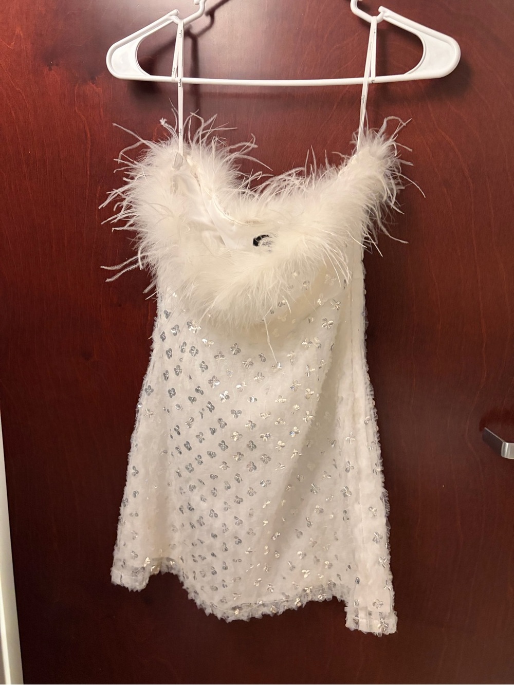 Lulu's White Satin Feather-Trim Dress